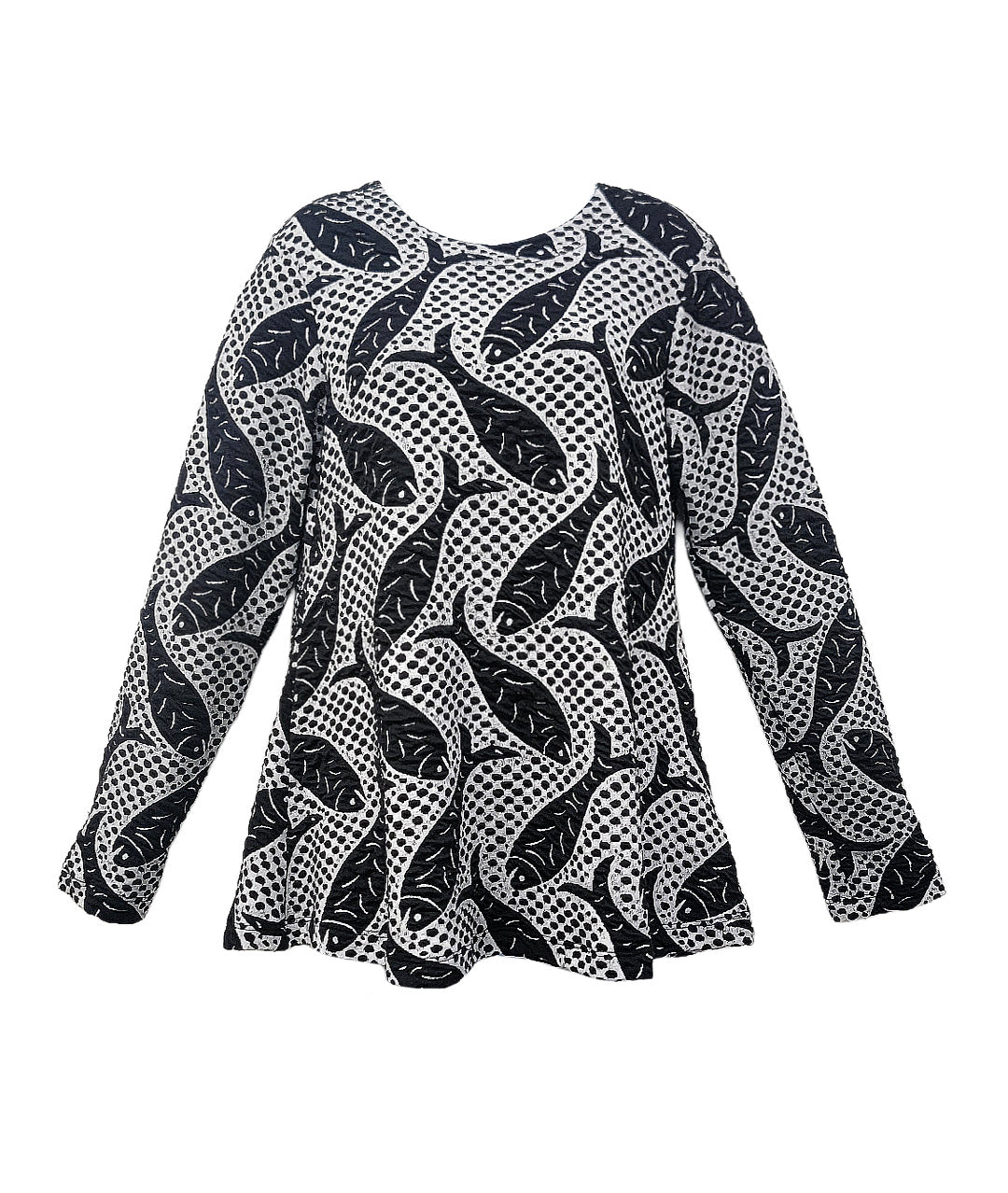 black and white fish and dot print long sleeve pullover top