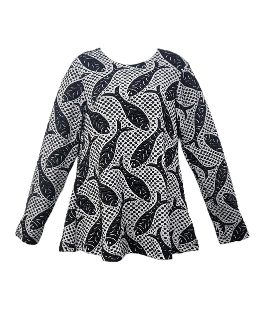 black and white fish and dot print long sleeve pullover top