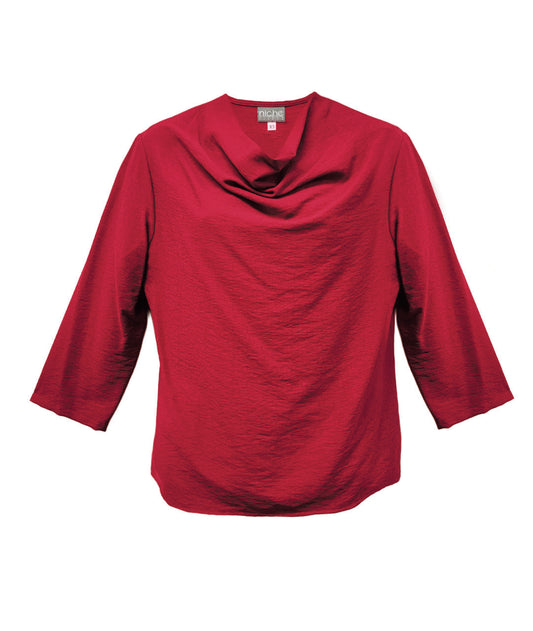 red cowl neck pullover top with 3/4 sleeves