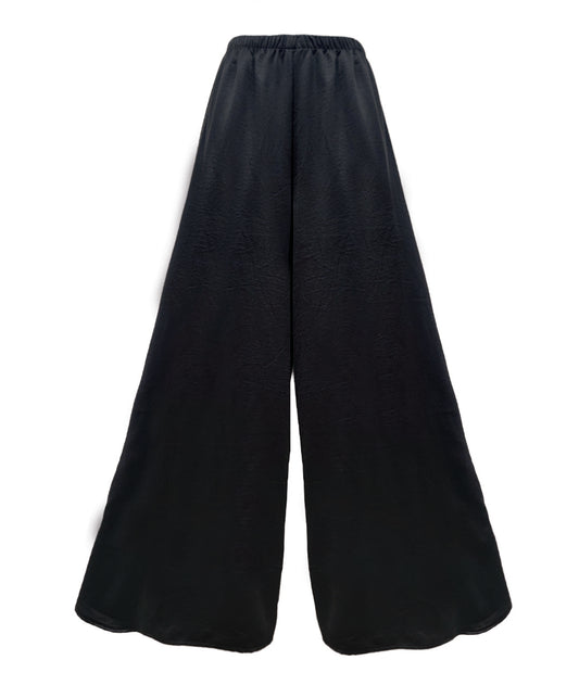 wide leg black pant with an elastic waistband and a shiny finish