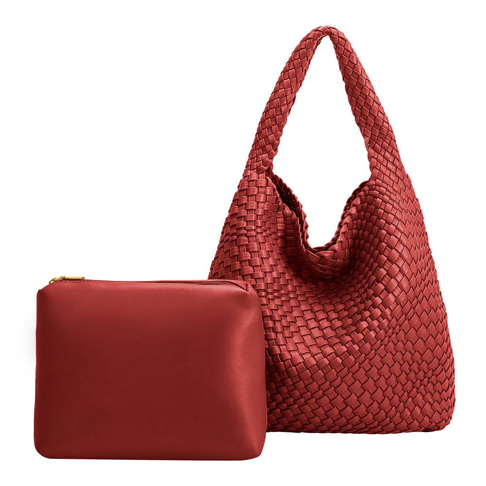 Brown woven handbag with small red zip pouch on a white background