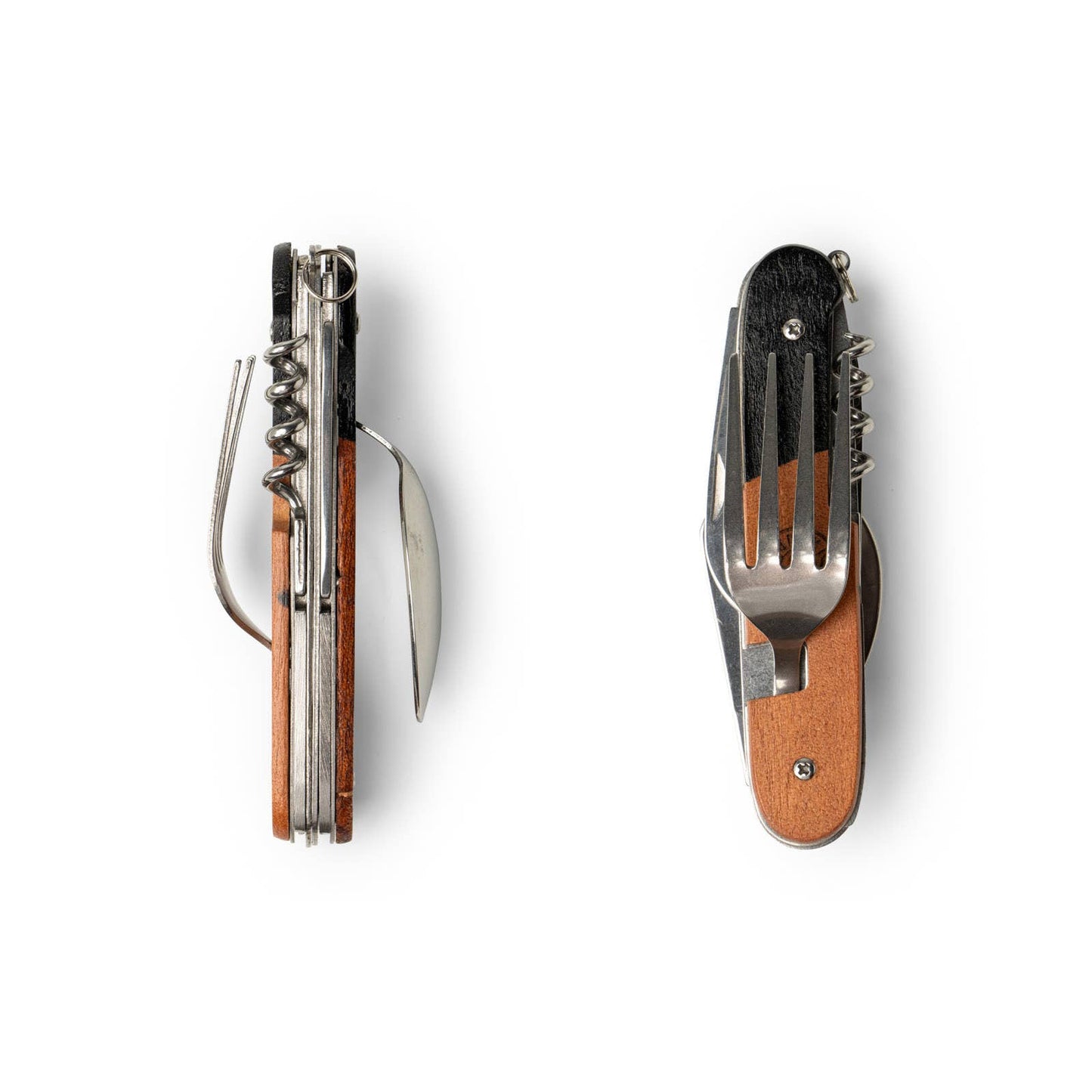 two different angles of pocket tool featuring fork, spoon, wine opener, knife and bottle opener