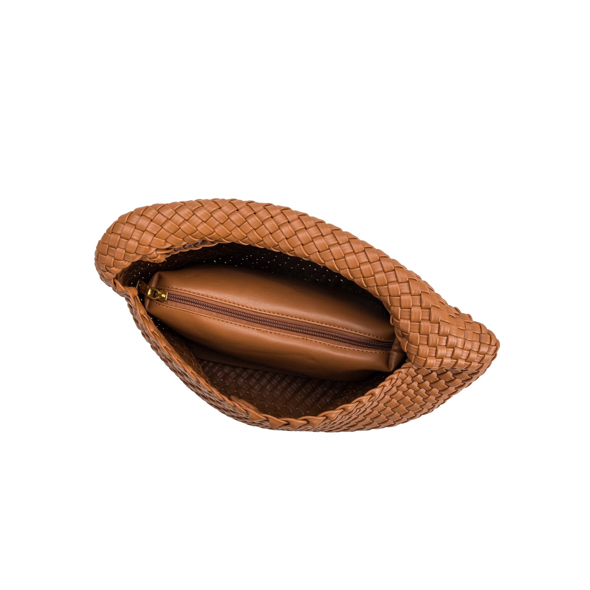 Brown woven handbag with ouch inside on a white background