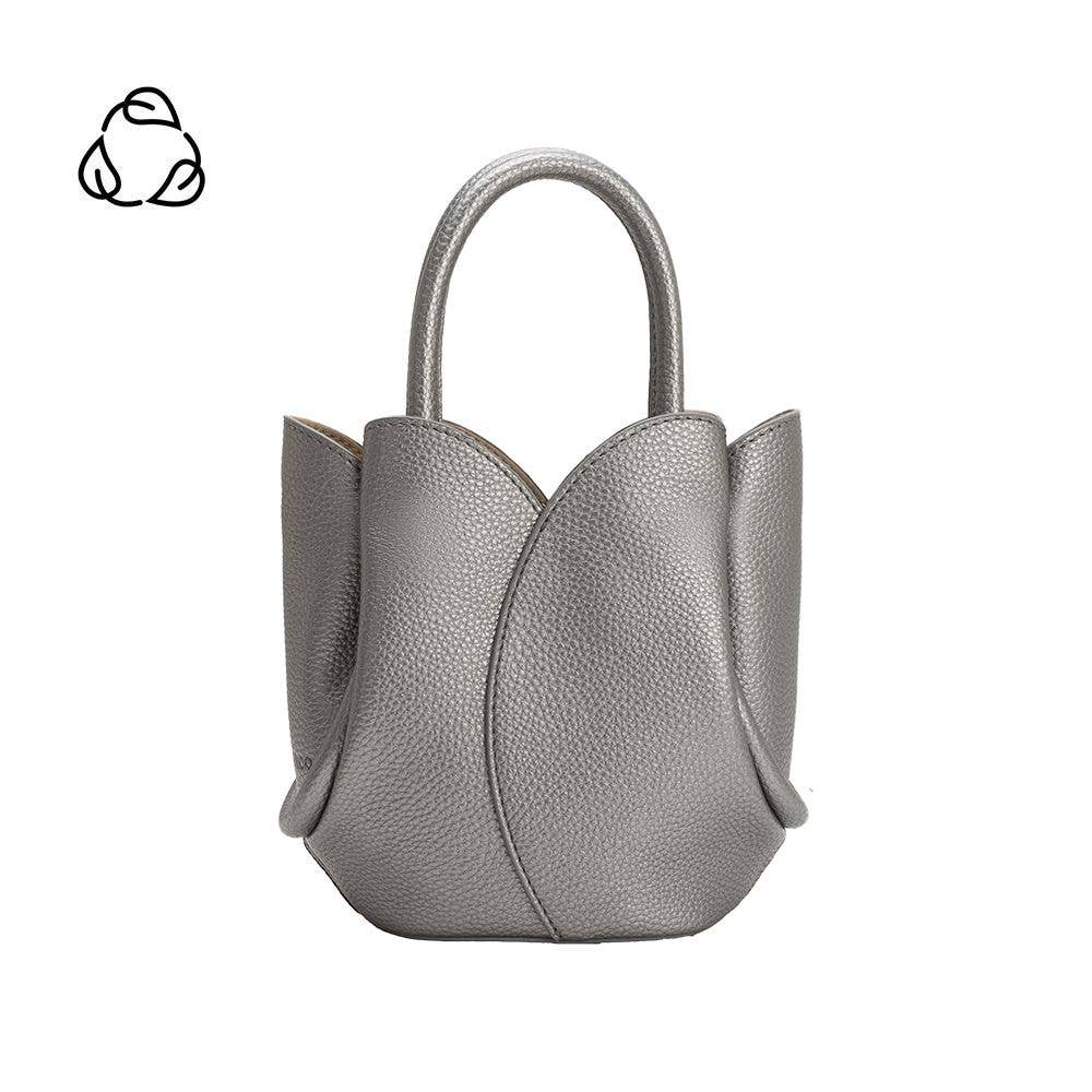A small structured handbag in textured silver-gray leather with a double top handle, shown on a plain white background.