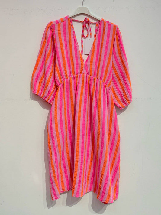 Striped Cotton V-Neck Dress - Fuchsia & Orange