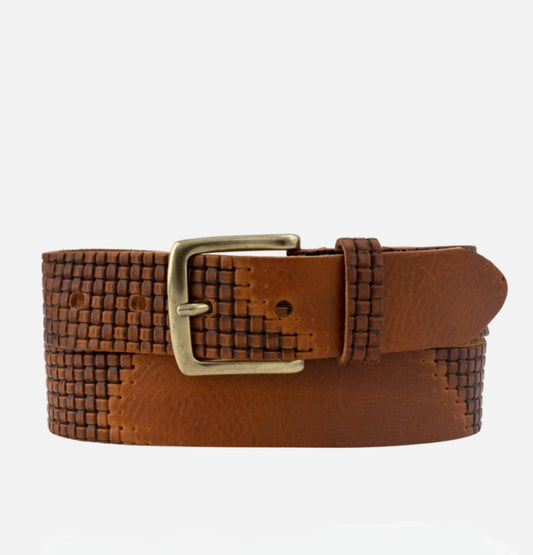 Brown woven belt with a gold buckle on a white background