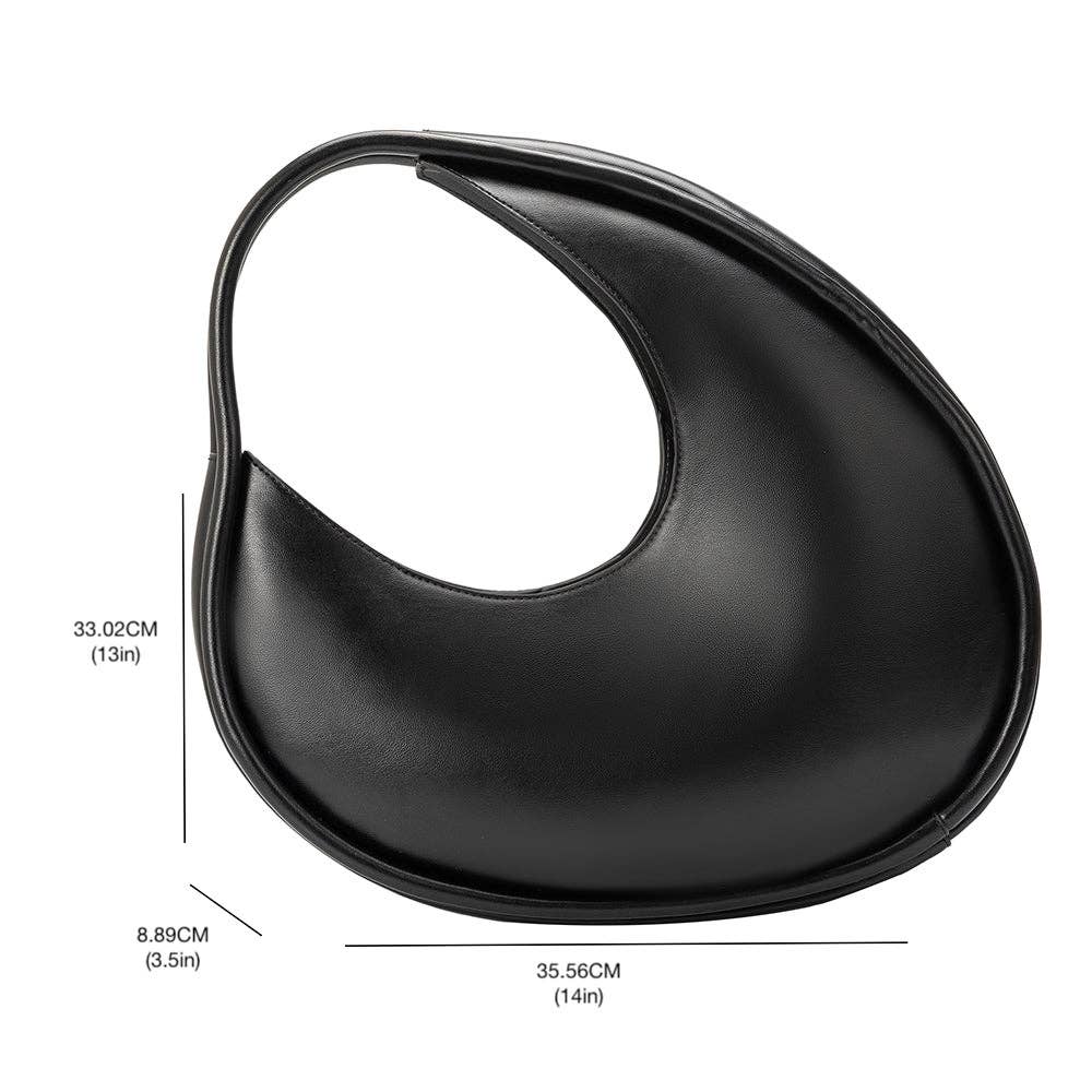 sizing of black circular asymmetrical shoulder bag with double piping structured handles