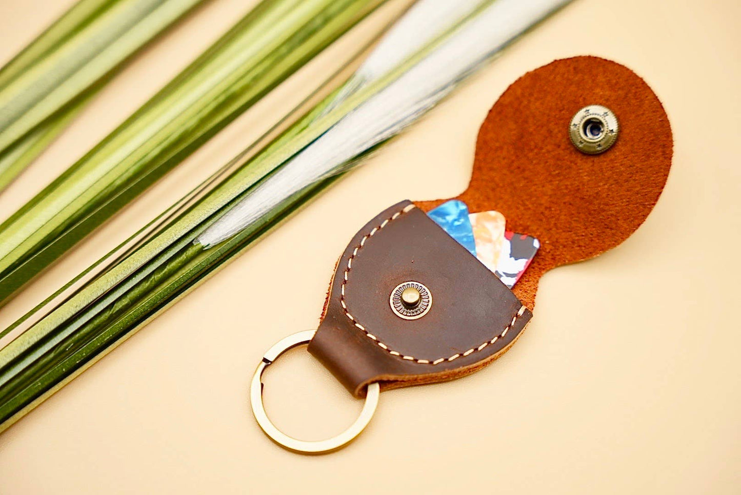 Leather Guitar Pick Holder Keychain - Dark Brown