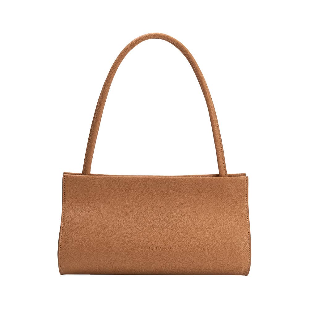 Tan handbag with a visible brand logo on a white background