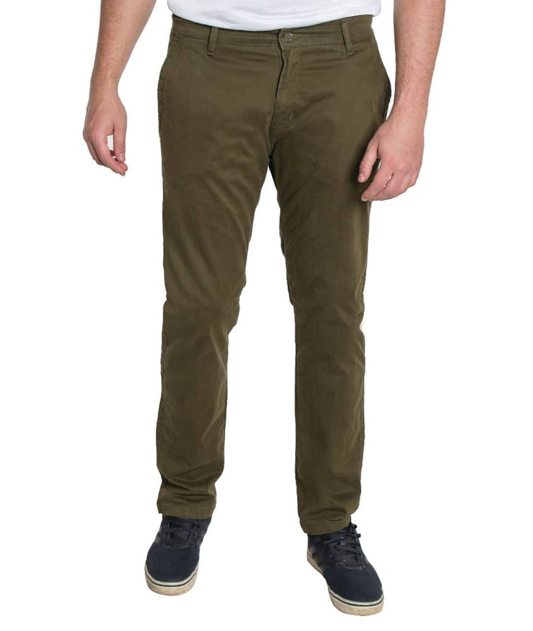 olive green men's pants on a male model