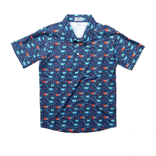 navy shirt with blue and red cow print on a white background