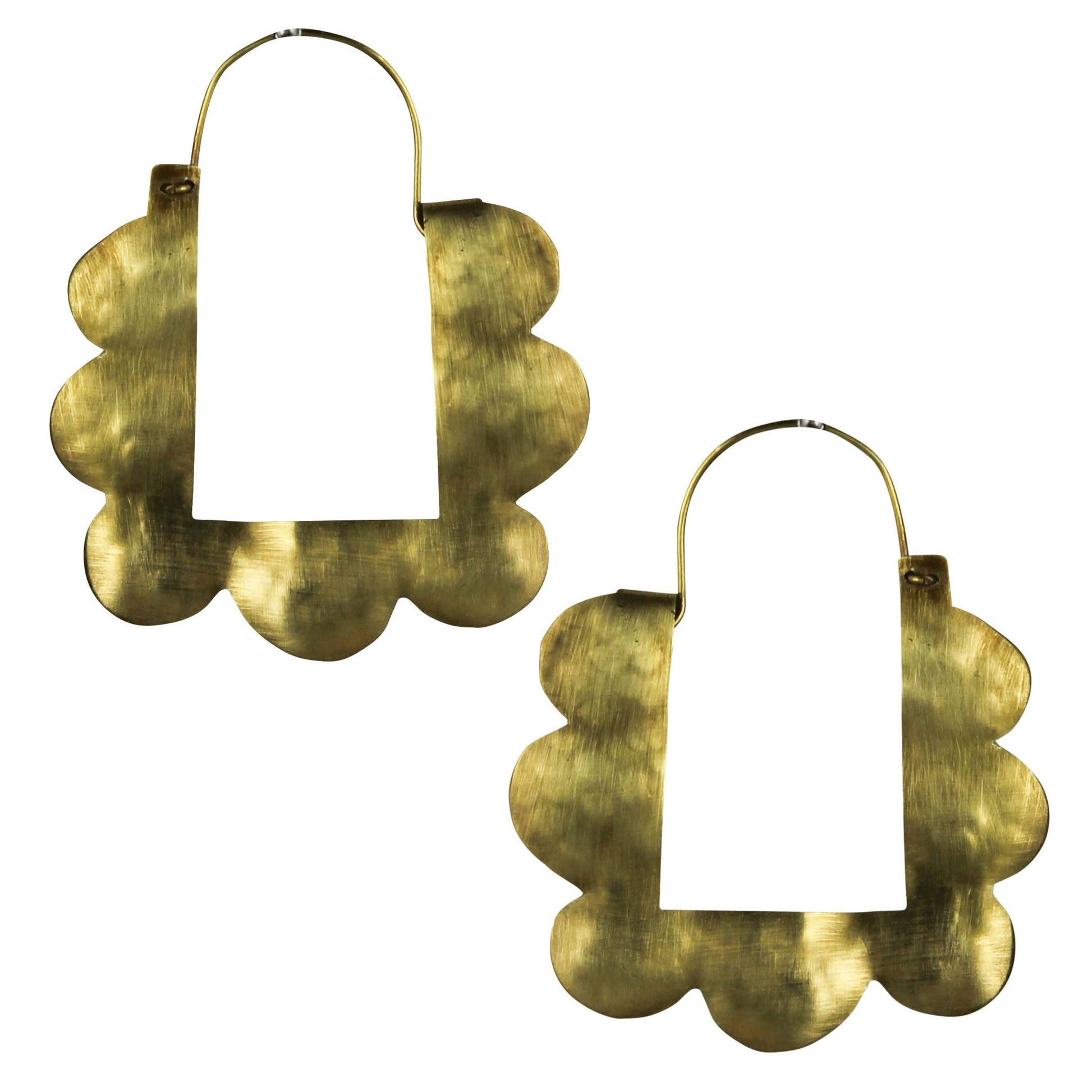 bRASS SCALLOPED AND HAMMERED EARRINGS ON WHITE BACKGROUND