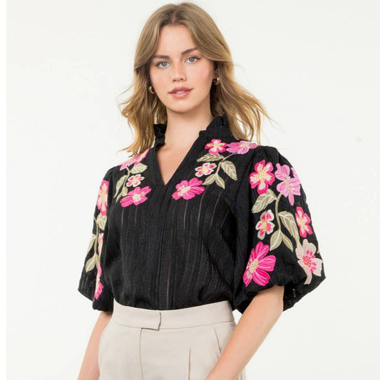 Embroidered Puff Sleeve Textured Top - Black