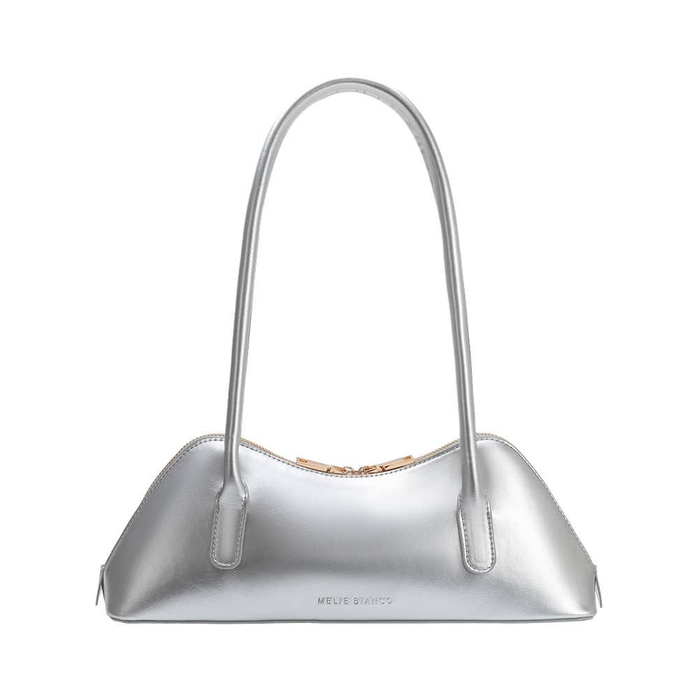 Silver handbag with a strap on a white background