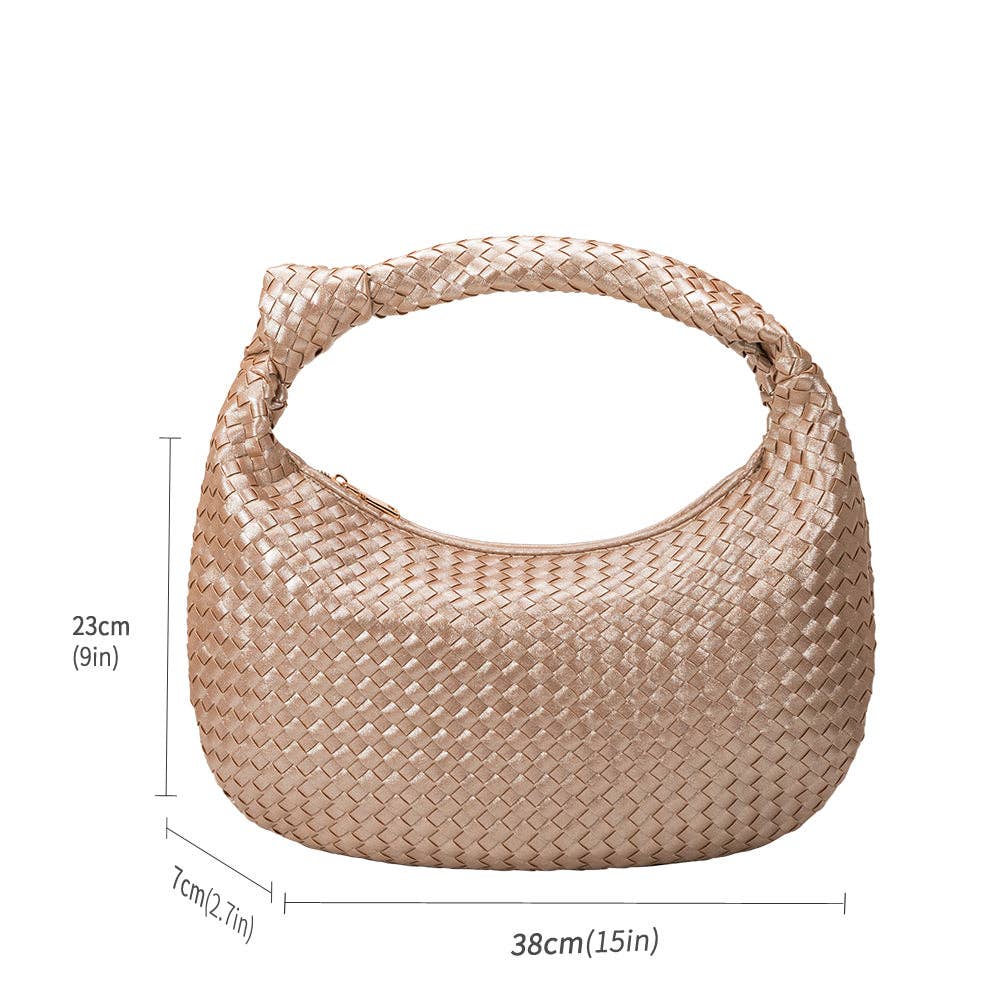 woven handbag with knit in strap on white background with measurments