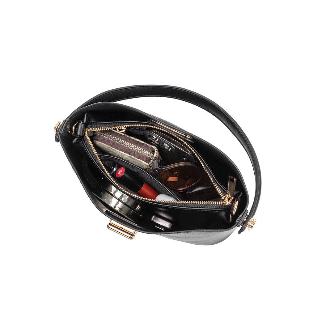 Black handbag with gold accents open on a white background
