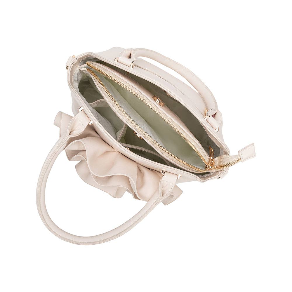 inside view of ivory handbag with large flower detailing on white background