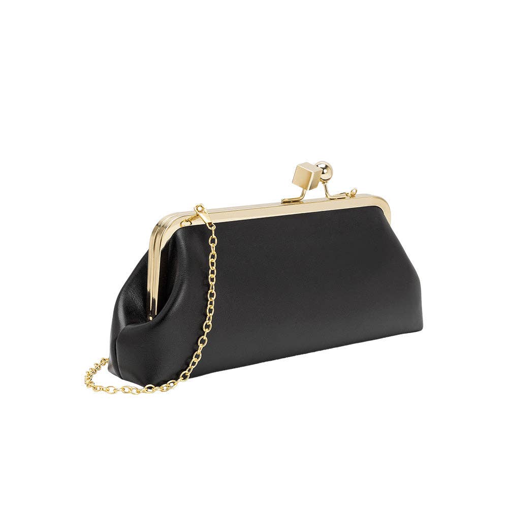 A black faux leather kiss-lock clutch bag with a gold-tone metal frame and a gold chain shoulder strap, shown on a plain white background.