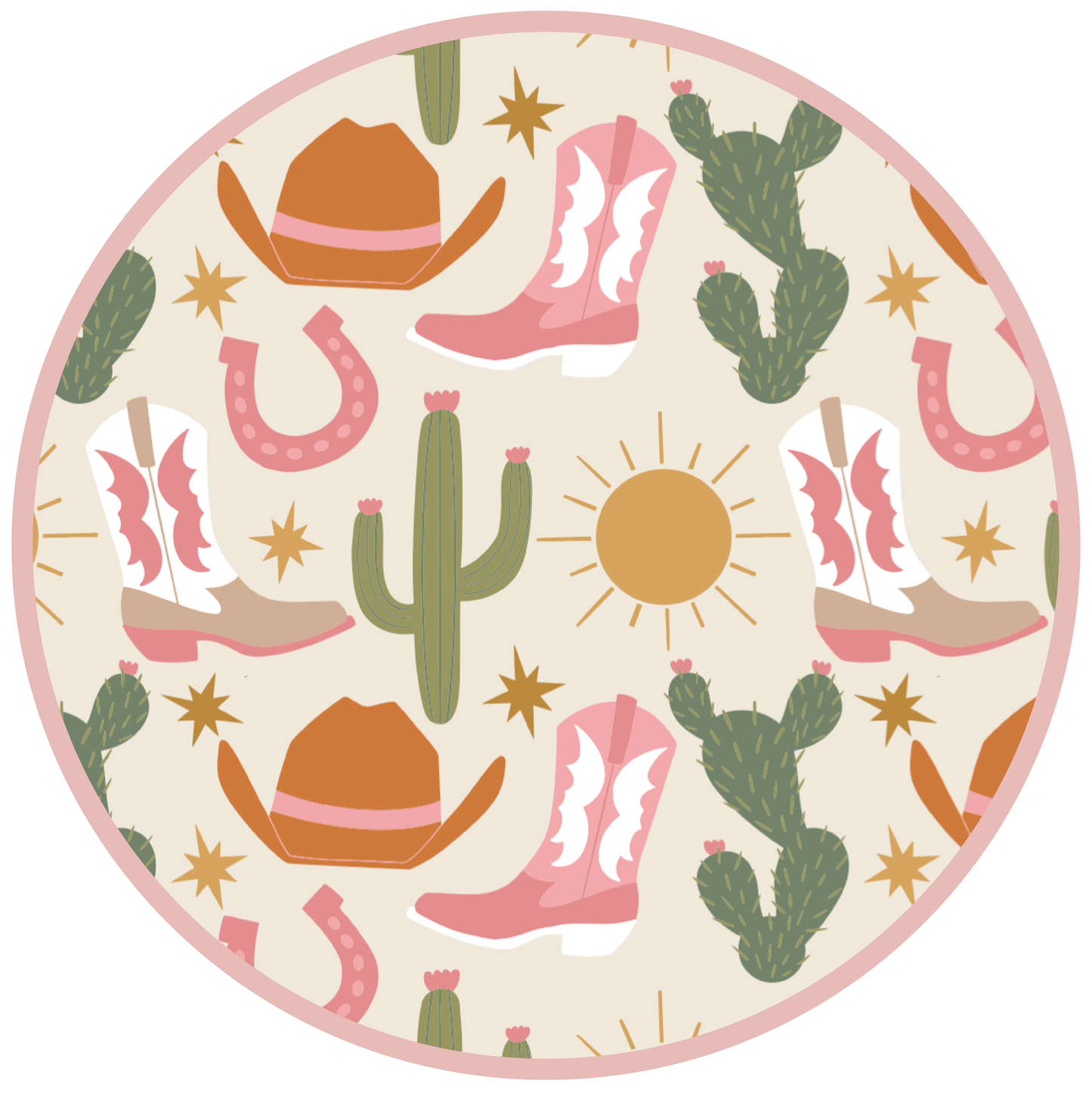 Circular design with cowboy hats, boots, cacti, and horseshoes on a beige background