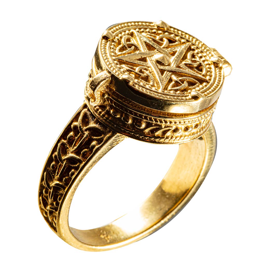 brass “poison” ring with detailed designs that opens up and can store small things in