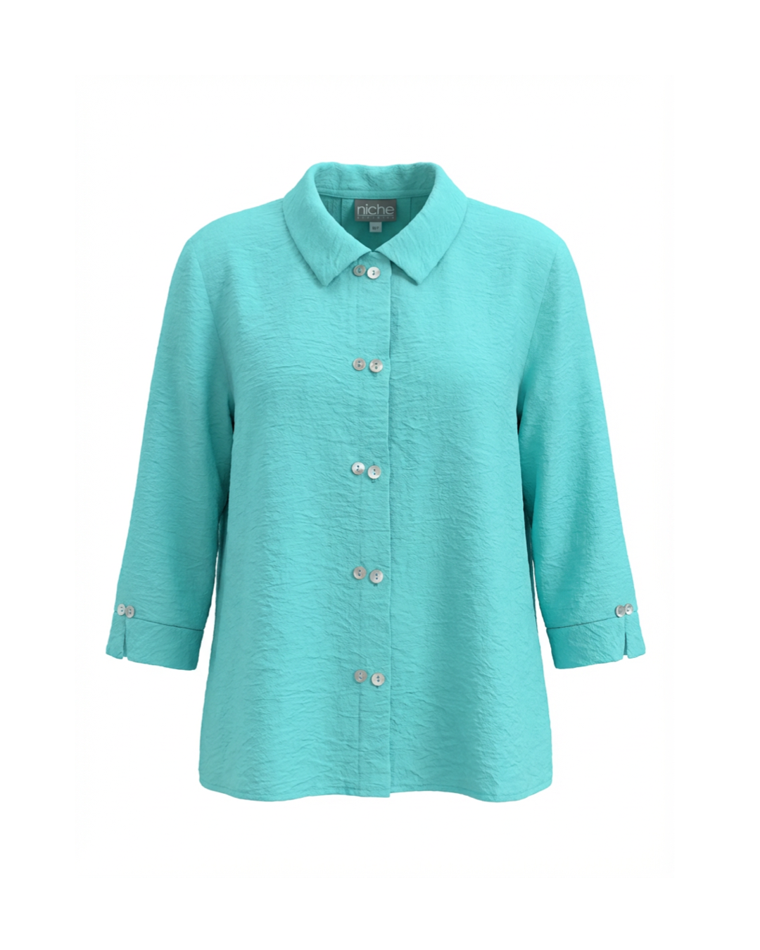 Turquoise shirt with rolled-up sleeves on a white background