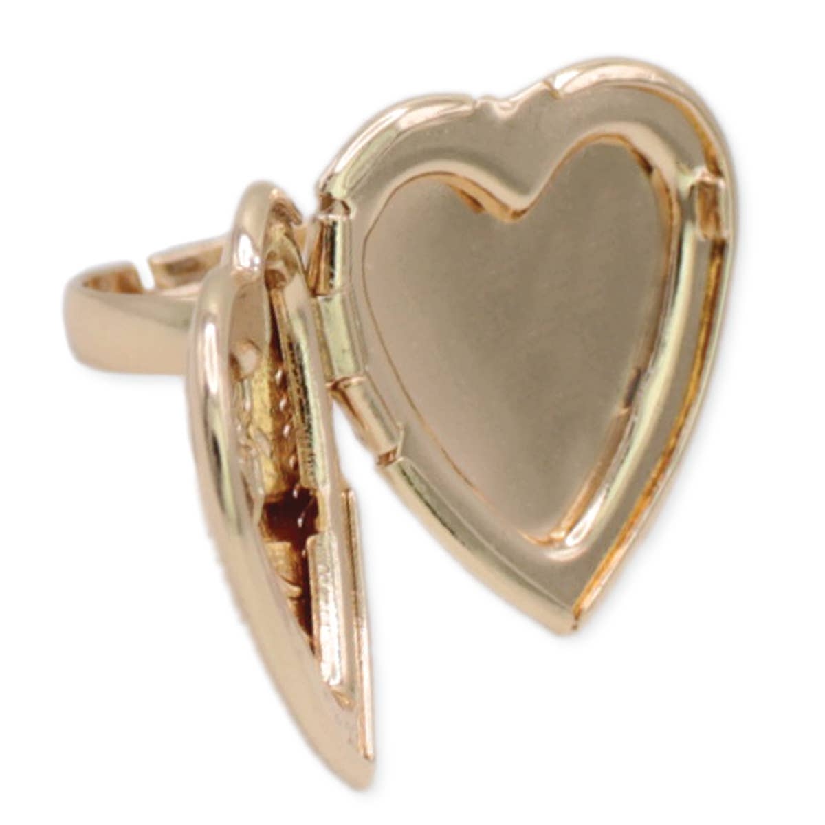 Gold heart-shaped locket ring on a white background