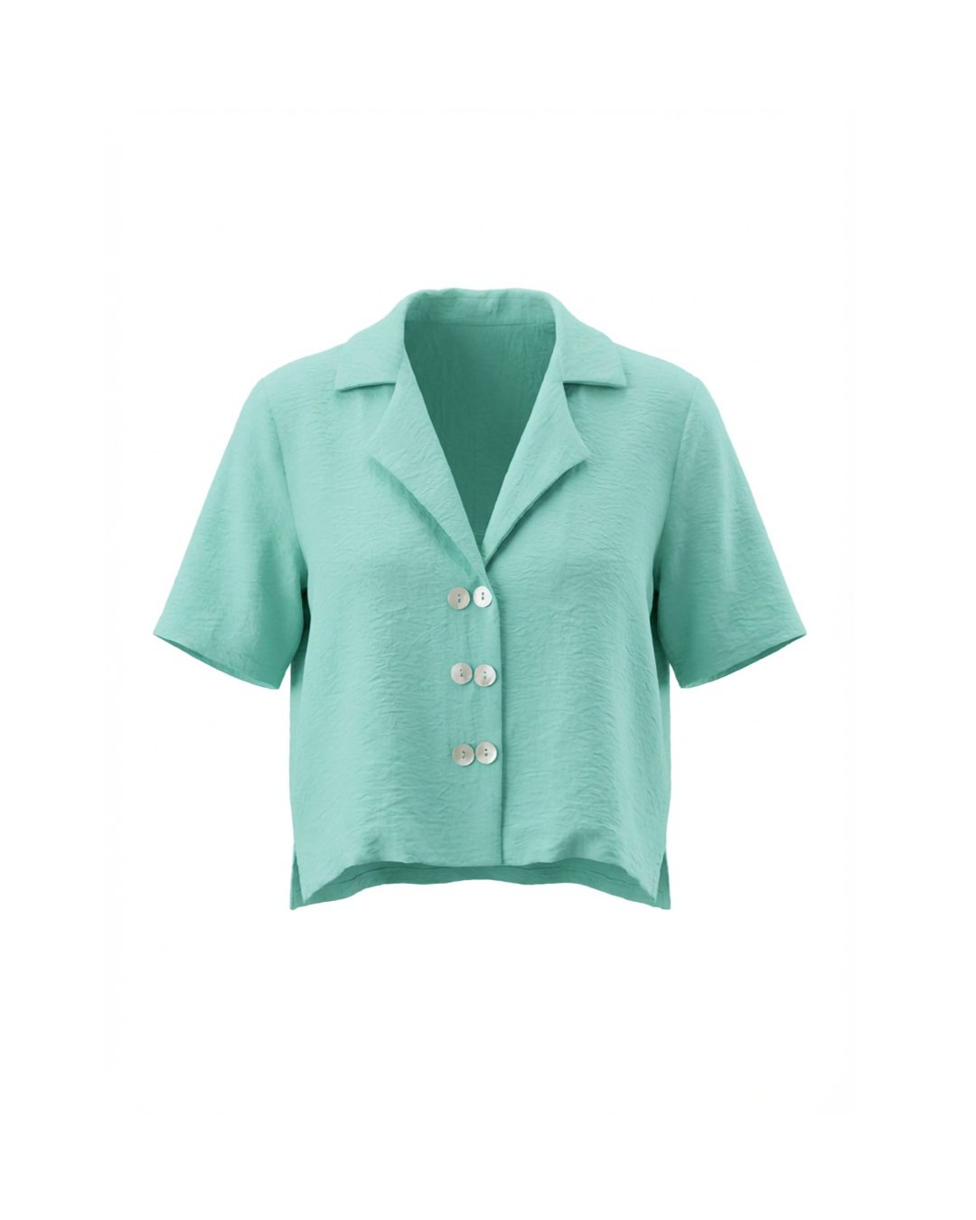 Green short-sleeve blouse with buttons on a white background