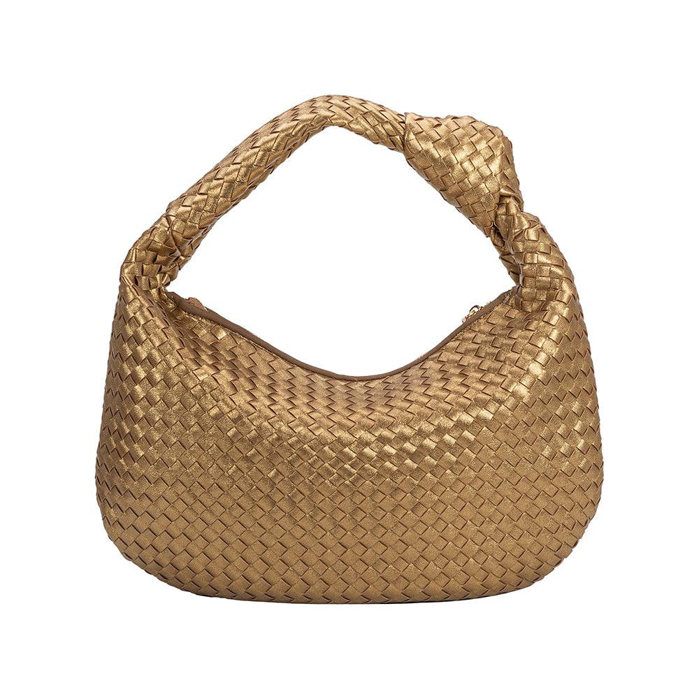 woven handbag with knit in strap on white background