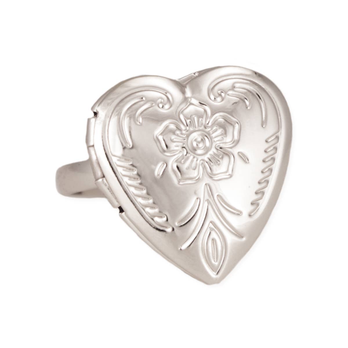 Silver heart-shaped locket ring with floral design on a white background