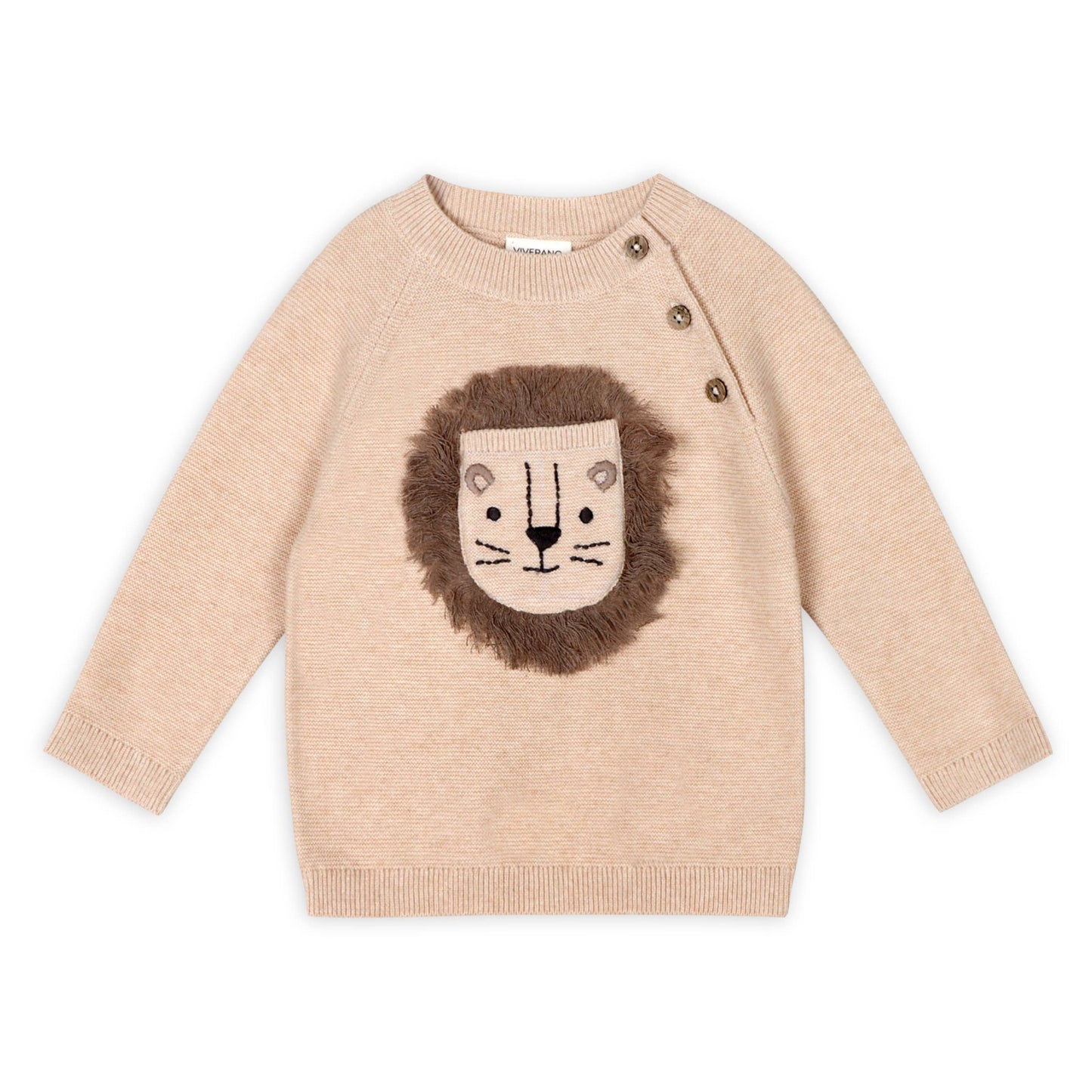 Beige sweater with lion face design on a white background