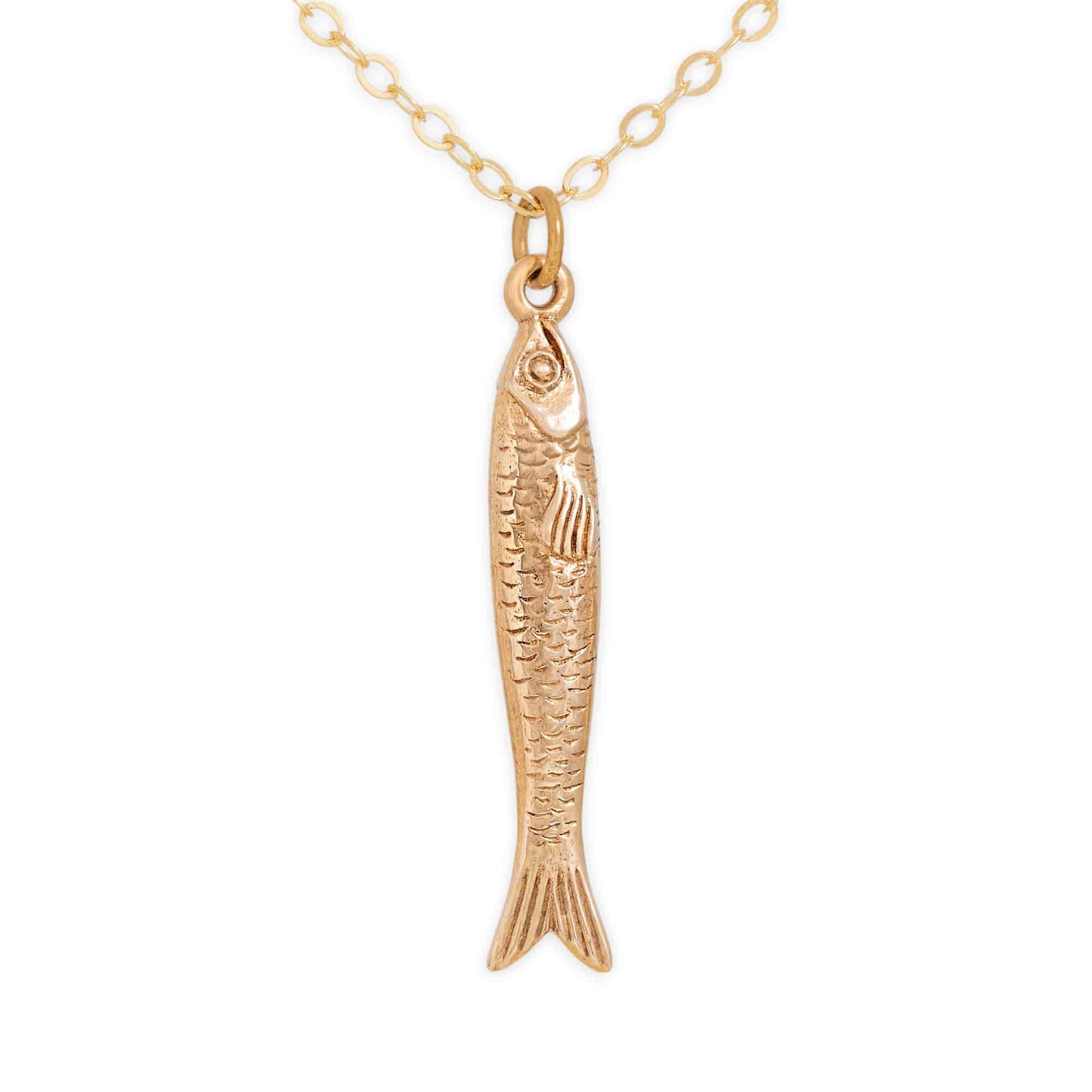 Gold fish-shaped pendant on a chain against a white background