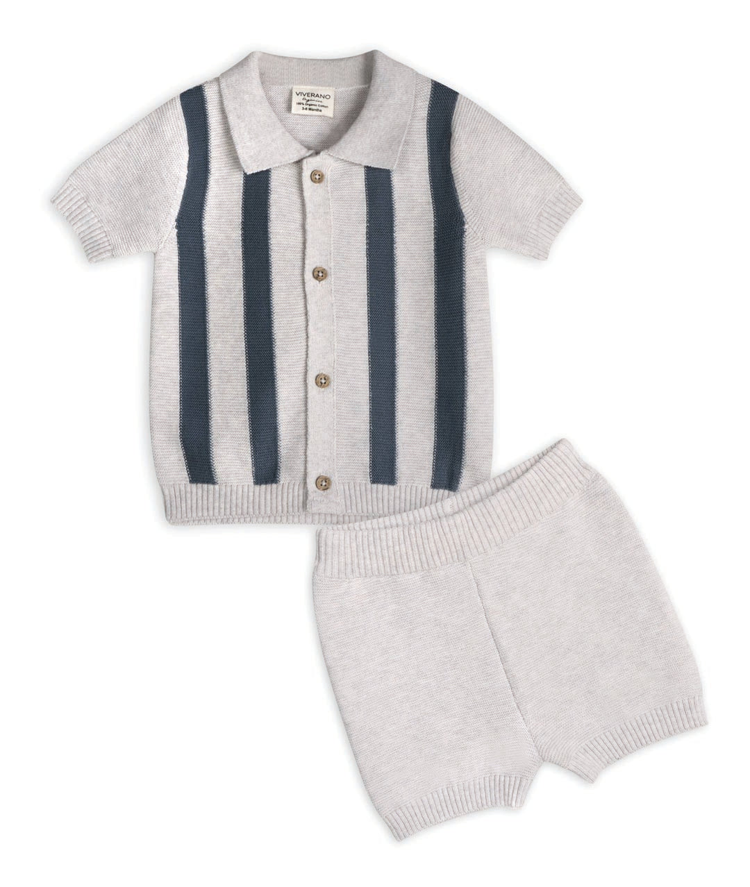 grey knit baby collared top with navy stripes and grey shorts