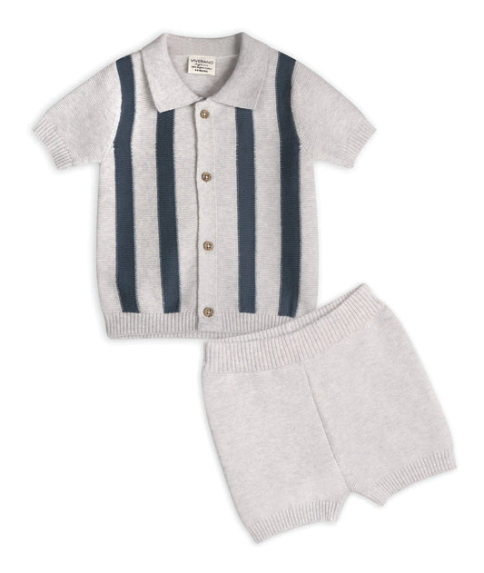 grey knit baby collared top with navy stripes and grey shorts