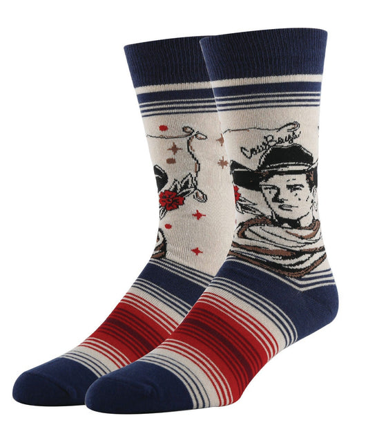 mens sock with navy and red stripe and black and white cowboy drawing. on white background