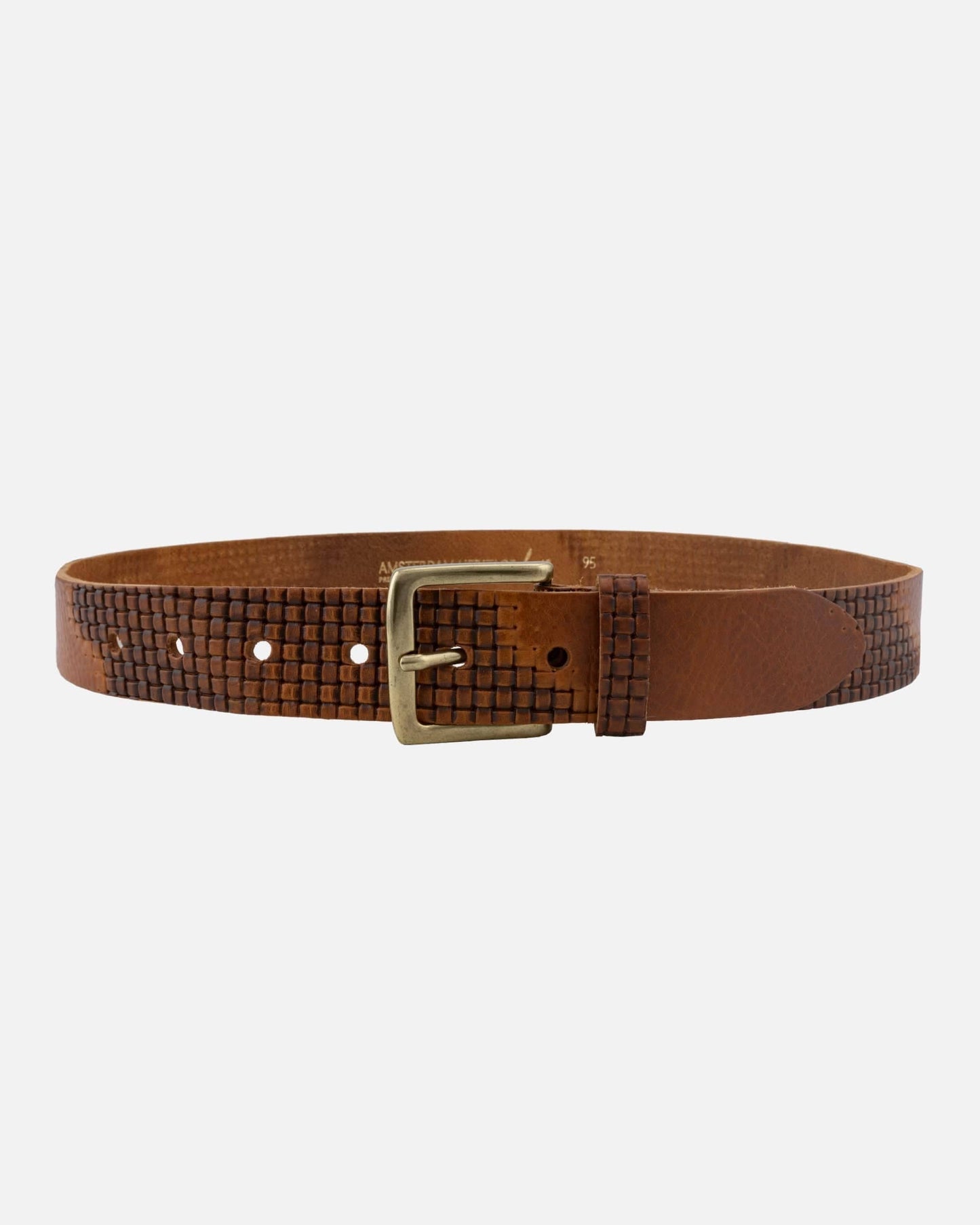 Brown leather belt with a textured pattern on a white background