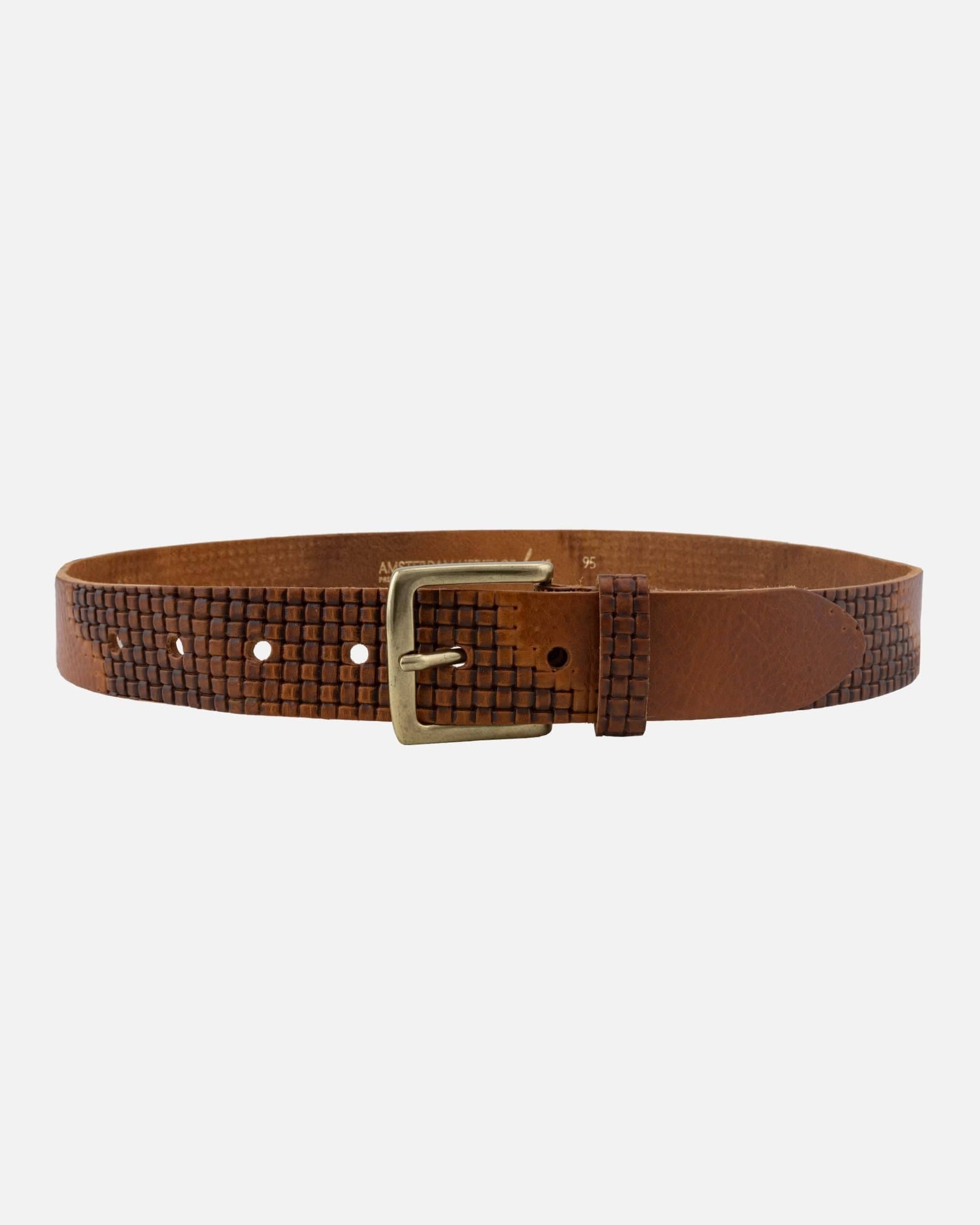 Brown leather belt with a textured pattern on a white background