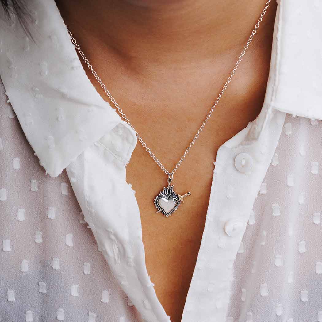 Mixed Metal Flaming Heart and Sword Necklace