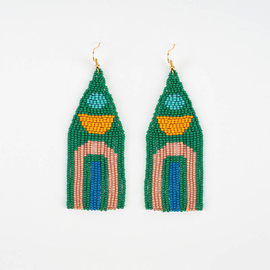 Glass seed beads and gold plated french ear wire earrings in orange , green, aqua and peach. on a  white background