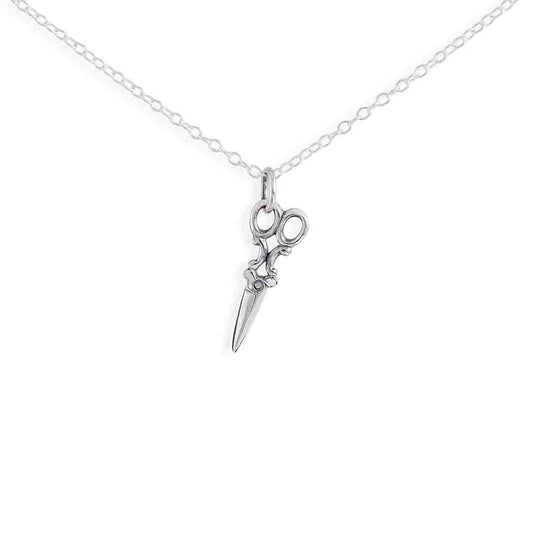 Silver scissors pendant on a chain against a white background