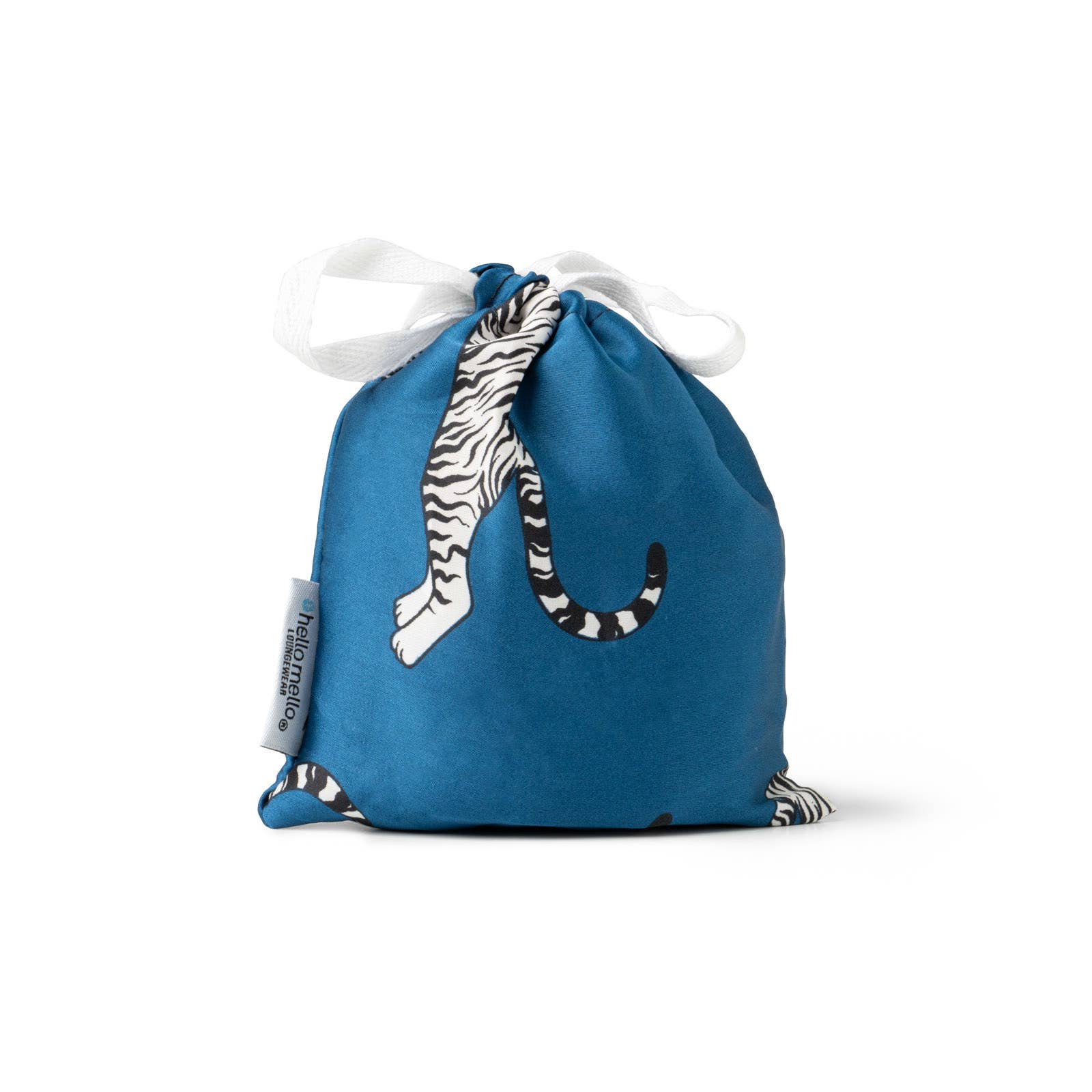 blue bag with black and white tigers and white tie on white background