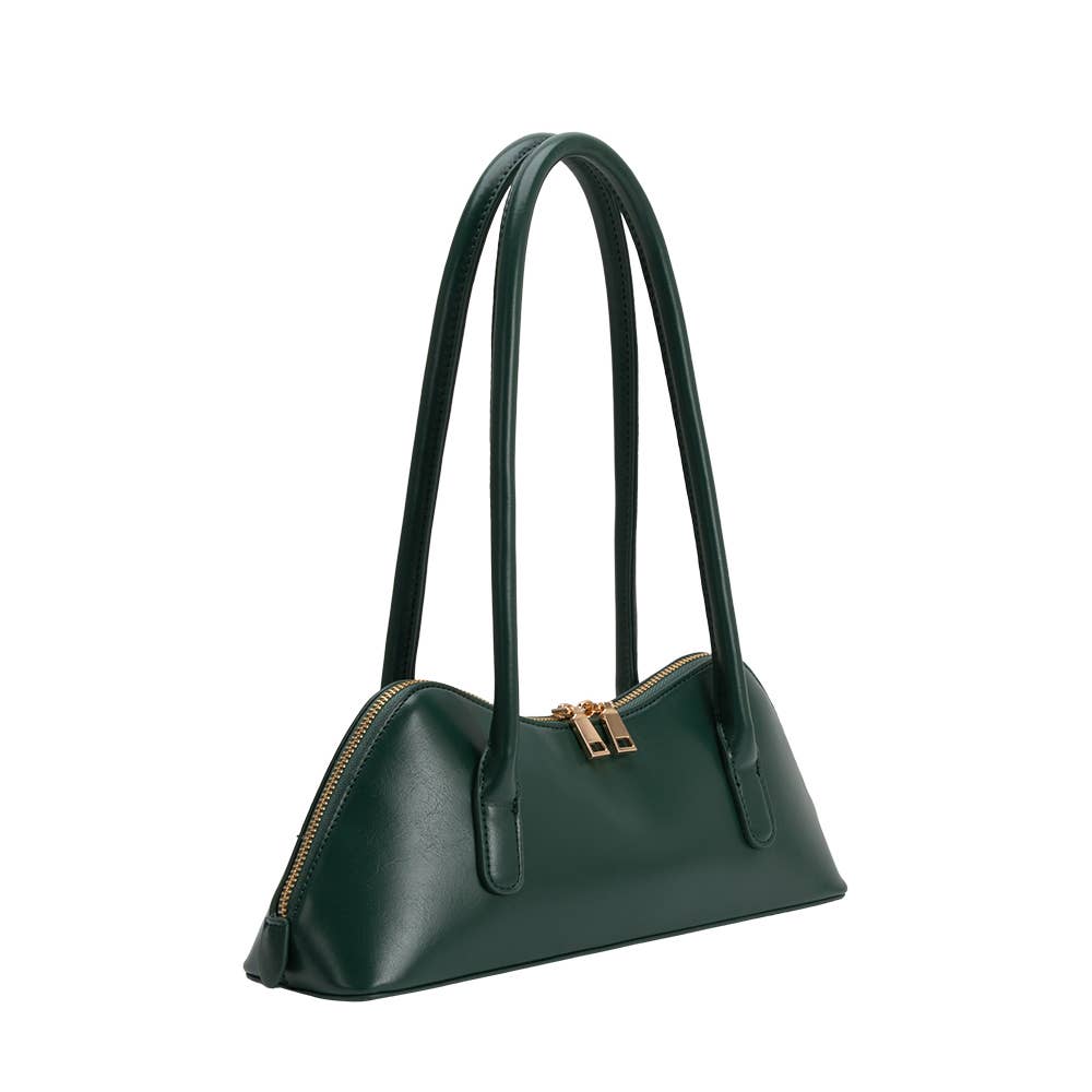 Green handbag with a gold clasp on a white background