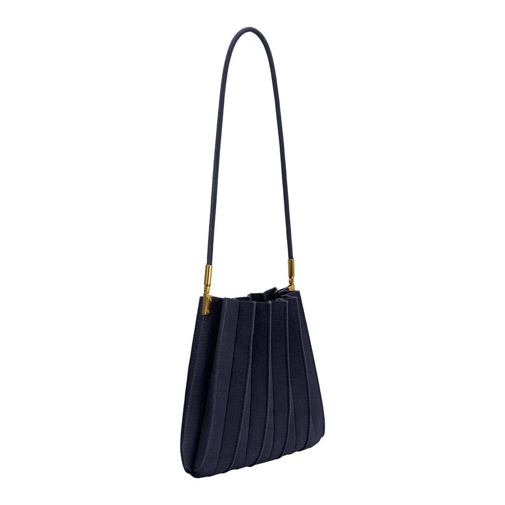 A dark navy blue pleated shoulder bag with a long thin strap and gold-tone hardware, shown against a plain white background.