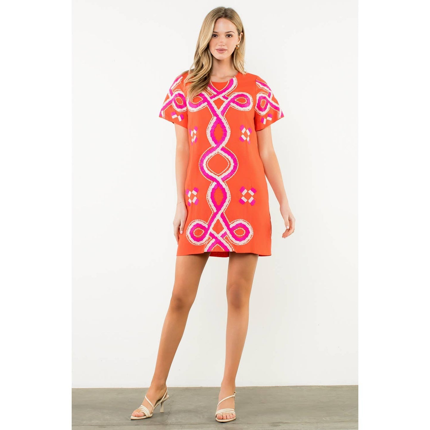 Embroidered Short Sleeve Mini Dress - Orange