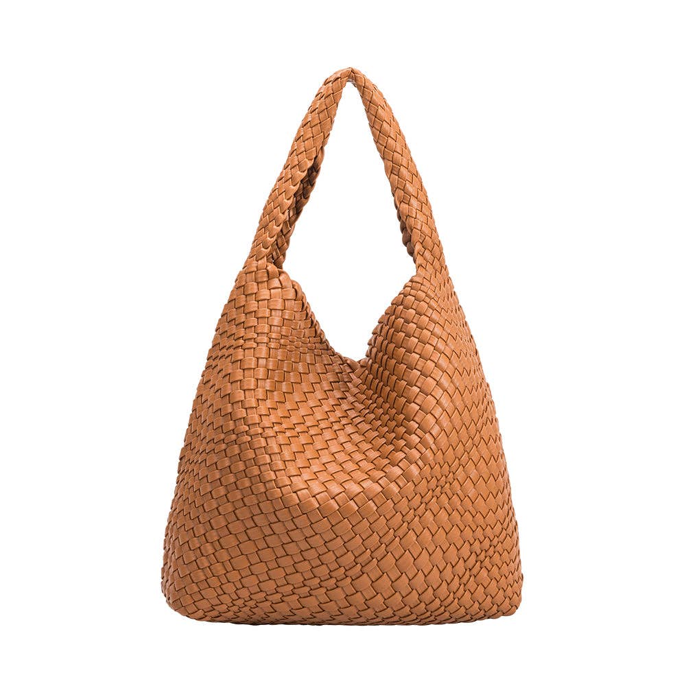 Brown woven handbag on a white background