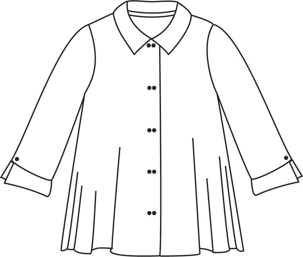 drawing of a top with double sets of "twin" shell buttons down the front, easy a-line shape and straight hem. 3/4 length sleeves, with inverted pleat and open notched collar in back.