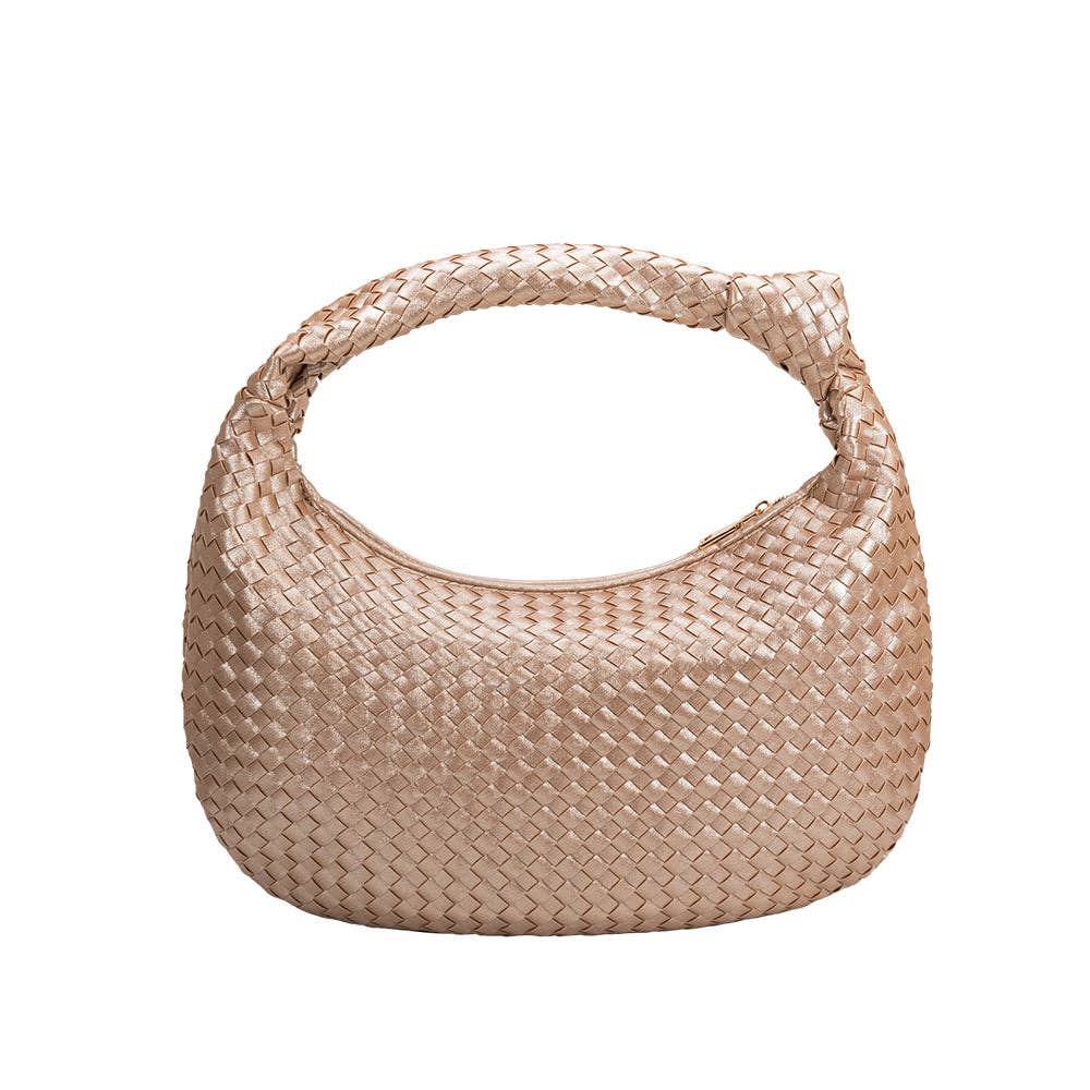 woven handbag with knit in strap on white background