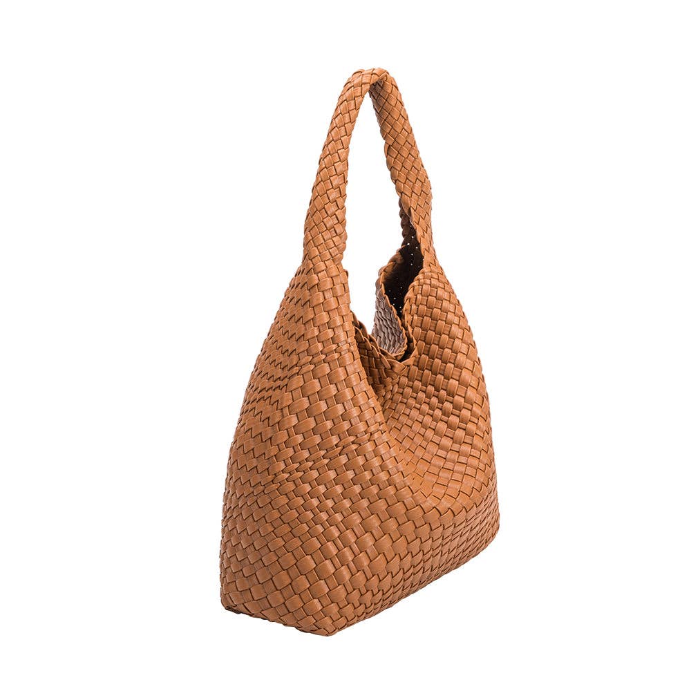 Brown woven handbag on a white background