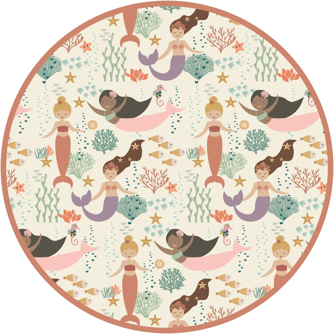 Circular pattern with mermaids, sea creatures, and plants on a beige background