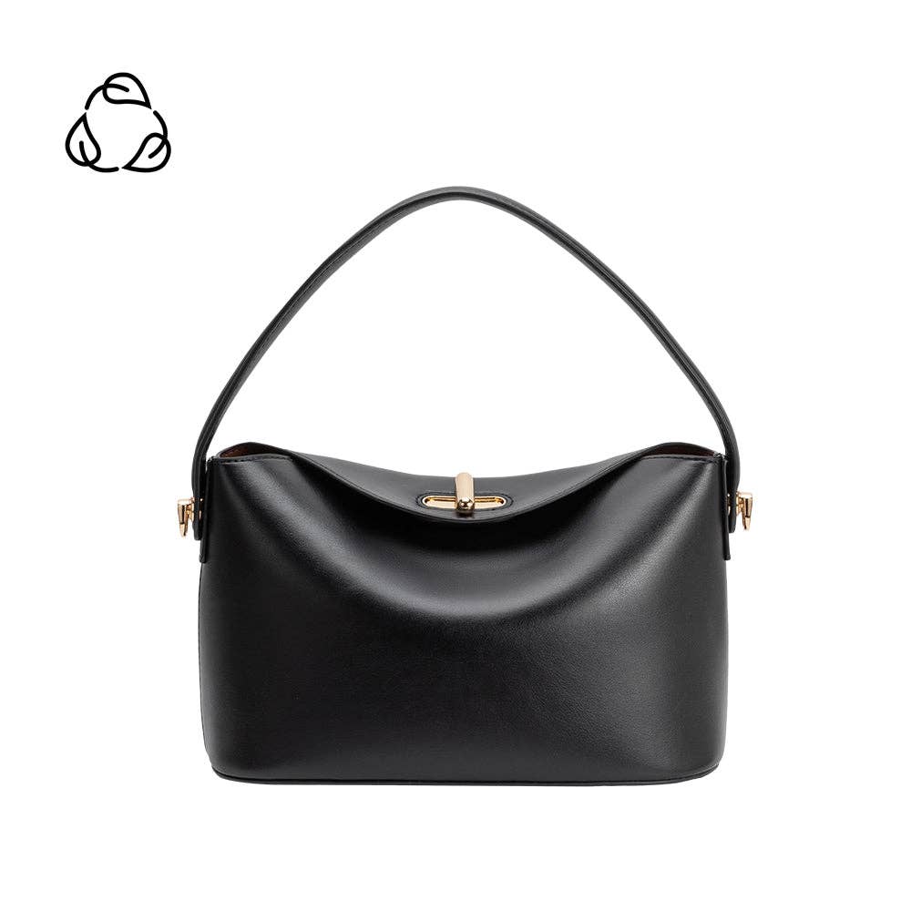 Black handbag with gold accents on a white background