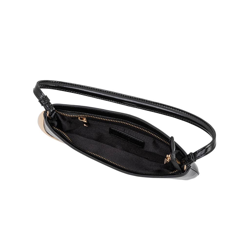 Black handbag with a strap on a white background